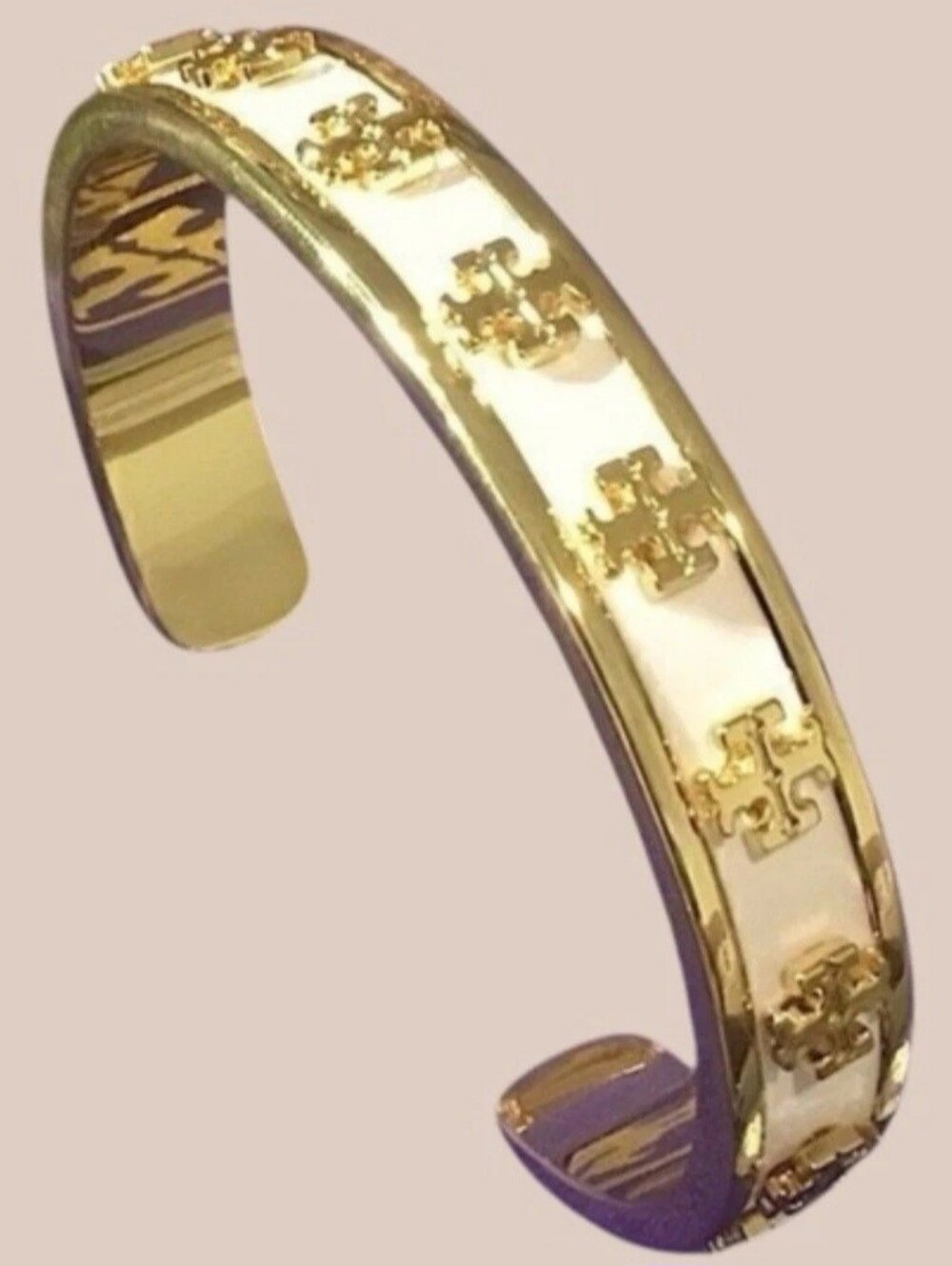 Tory Burch Gold and White Enamel Logo Cuff Bracelet